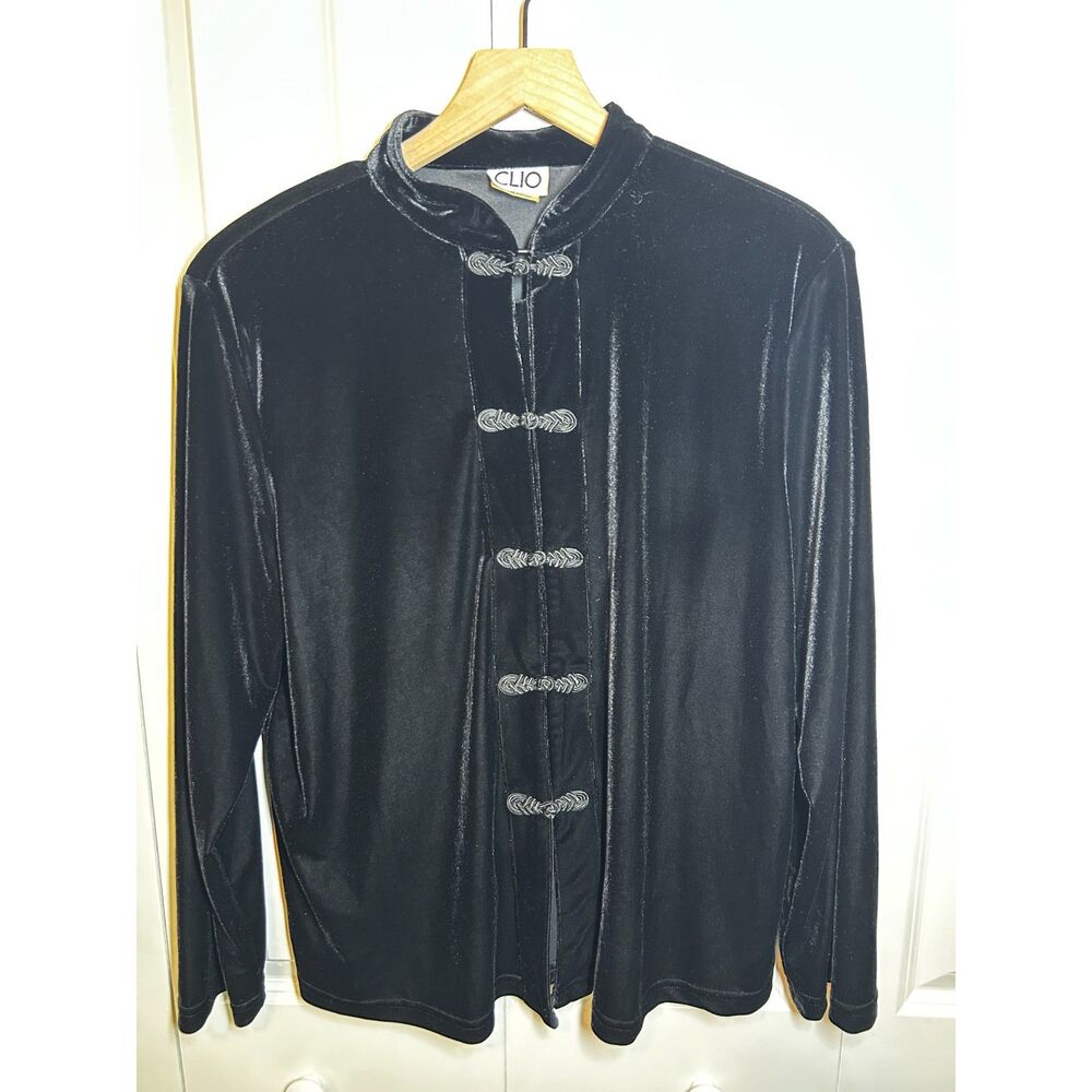 Vintage 90s CLIO Black Velvet Mandarin Collar Frog Closure Jacket Blouse L